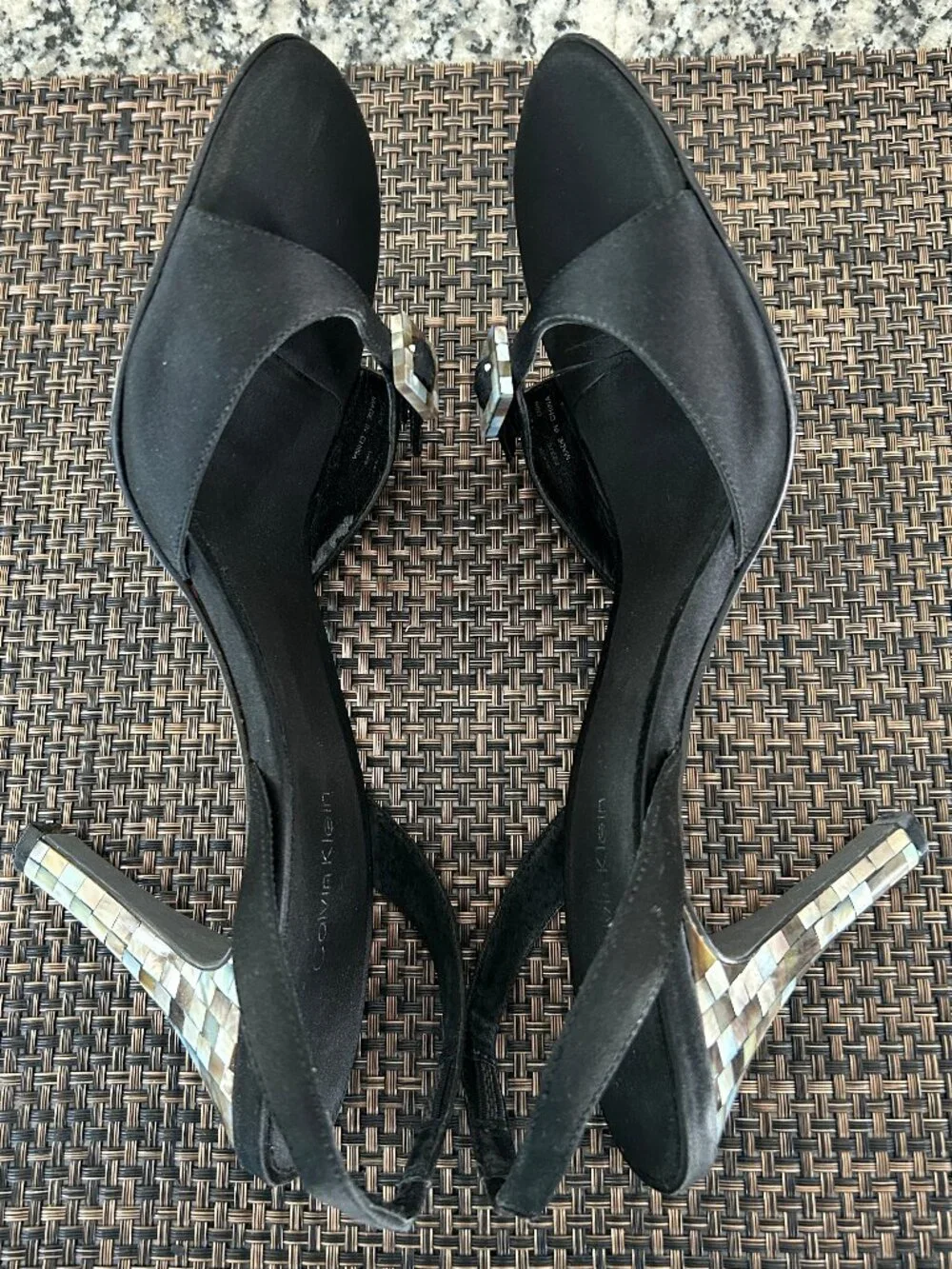 Calvin Klein Black Satin Slingback Sandals with Mosaic Shell Heel - Size 8.5